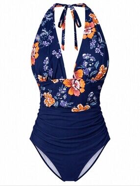 Live Life on the Beach Boho Floral Halter Tummy Control One-Piece Swimsuit Sz XL